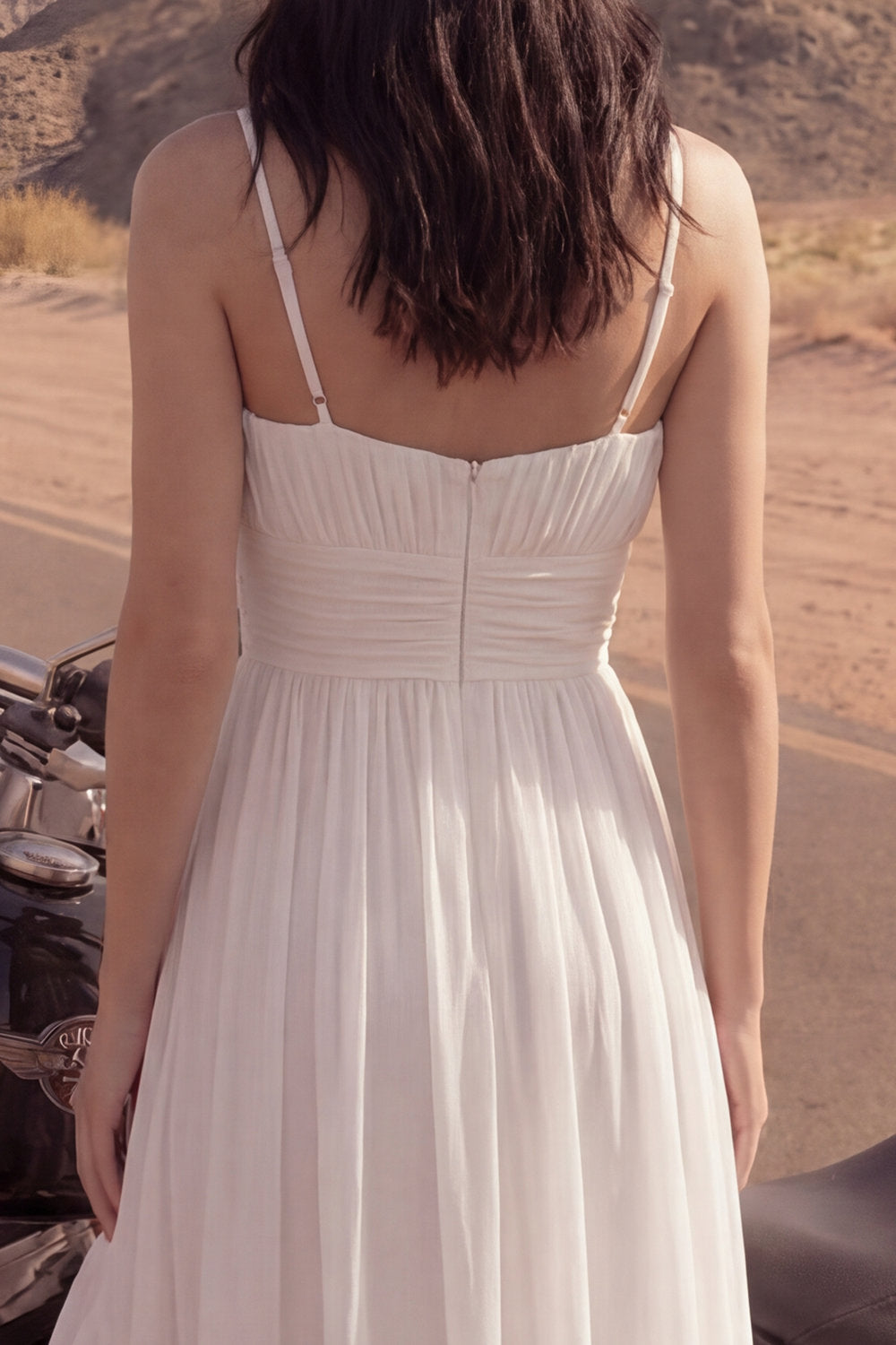 Ivory A Line High-Low Spaghetti Straps Beach Wedding Dress with Ruffles