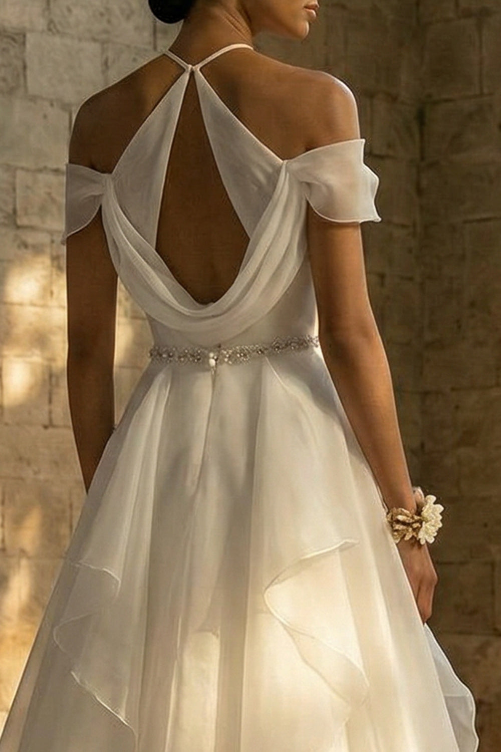 Ruched Halter A Line White Sweep Train Boho Wedding Dress with Ruffles