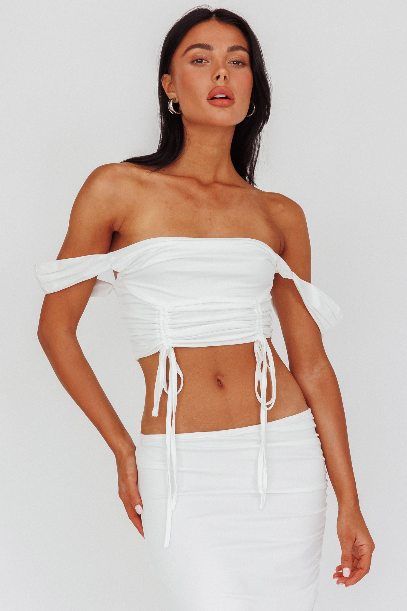 Headliner Drawstring Ruched Crop Top White
