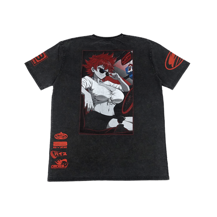 A black acid-wash graphic t-shirt featuring an anime-style illustration of a red-haired woman on the front, with red graphic prints on both sleeves and the lower left leg.