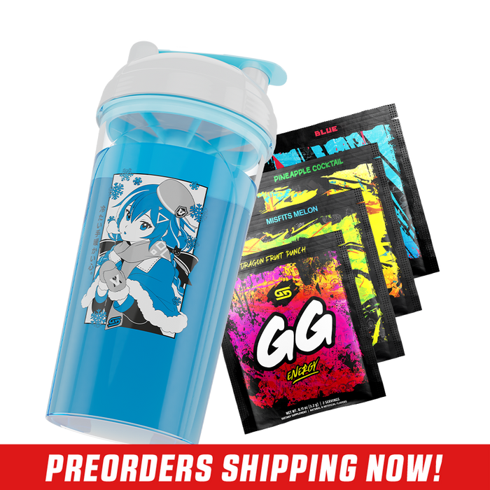 Blue shaker cup with anime girl in winter outfit and four colorful GG Energy drink packets behind it