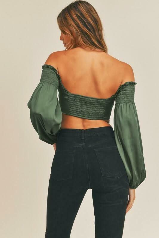 Bri Hunter Green Satin Off-Shoulder Long Sleeve Crop Top