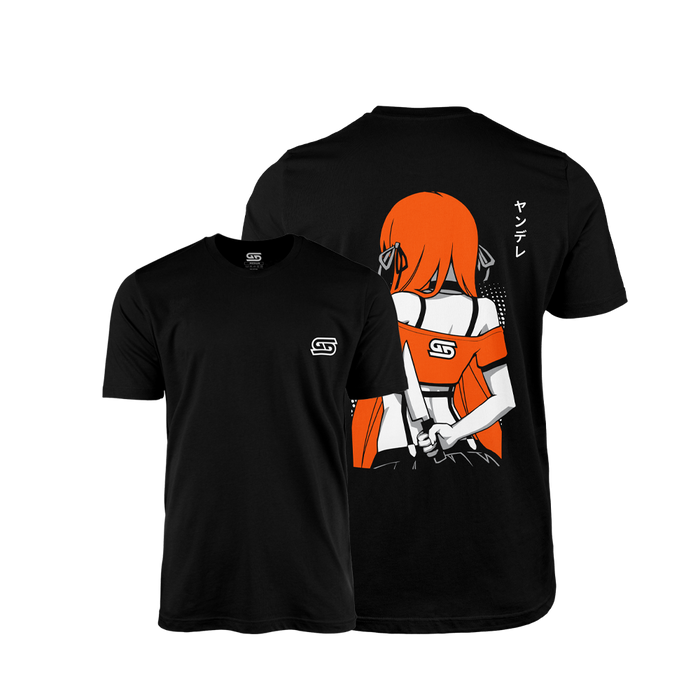Black shirt with small white logo on front and large anime girl with orange hair holding a knife on the back