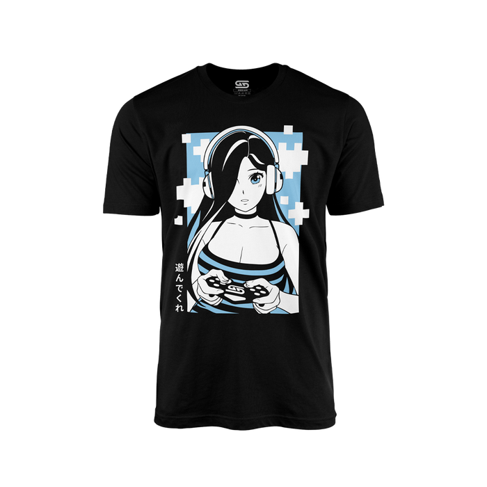 Black shirt with a blue and white anime girl wearing headphones and holding a game controller with Japanese text.