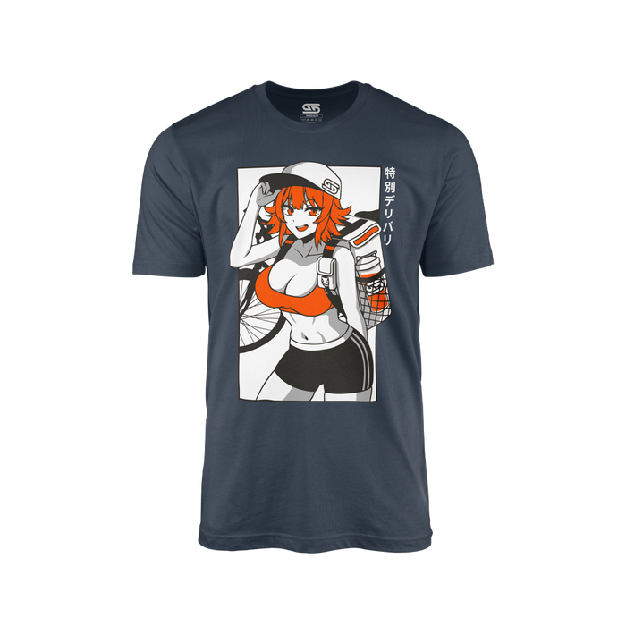 Charcoal shirt featuring an anime delivery girl with orange hair and top, black shorts, and Japanese text.