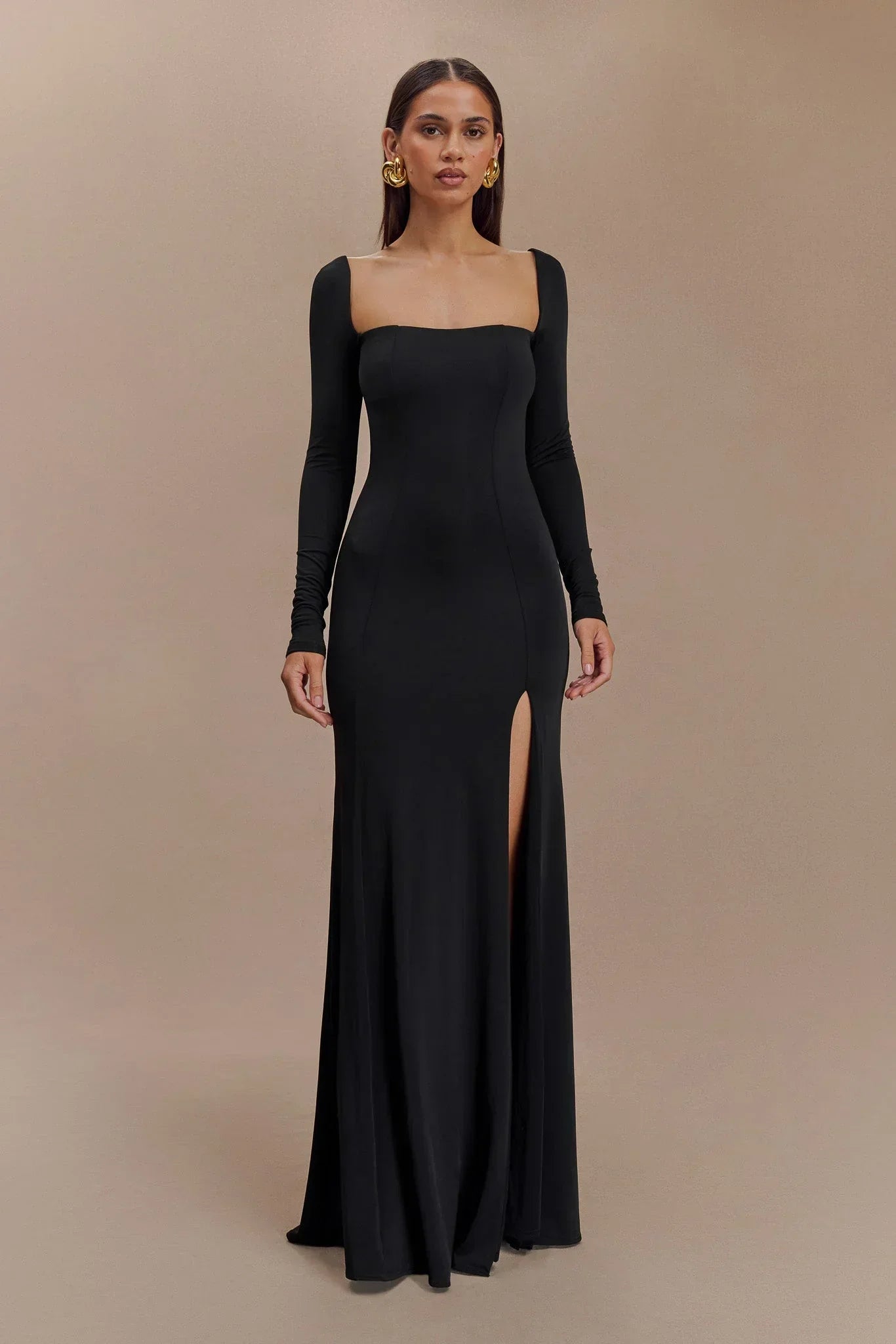 Desirie Slinky Long Sleeve Maxi Dress With Split - Black