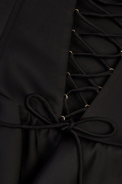 Ruffled Lace-Up Corset Playsuit in Black