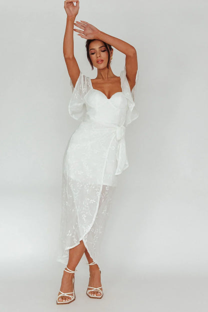 Aphrodite Molded Bust Angel Sleeve Midi Dress Floral White