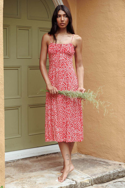 Haydin Tied Bust Split Midi Dress Floral Red