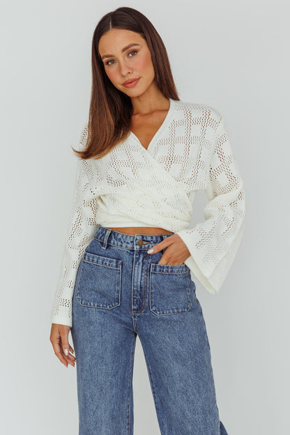 Rivera Deep-V Waist-Tie Top Crochet White