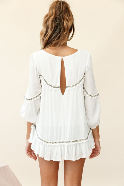 Marionette Three-Quarter Sleeve Pom-Pom Top White