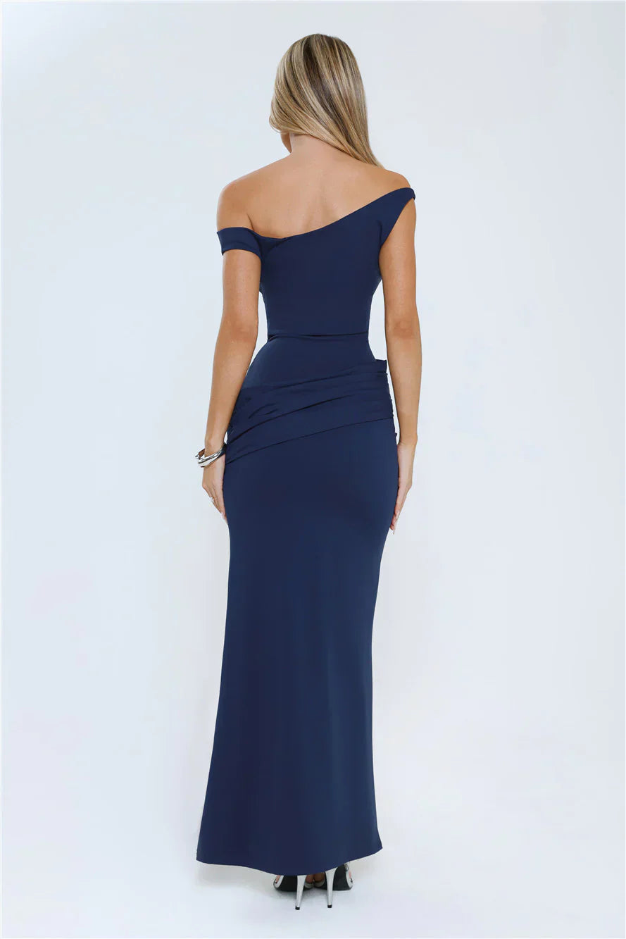 Caught In The Spotlight Off Shoulder Maxi Dress Navy