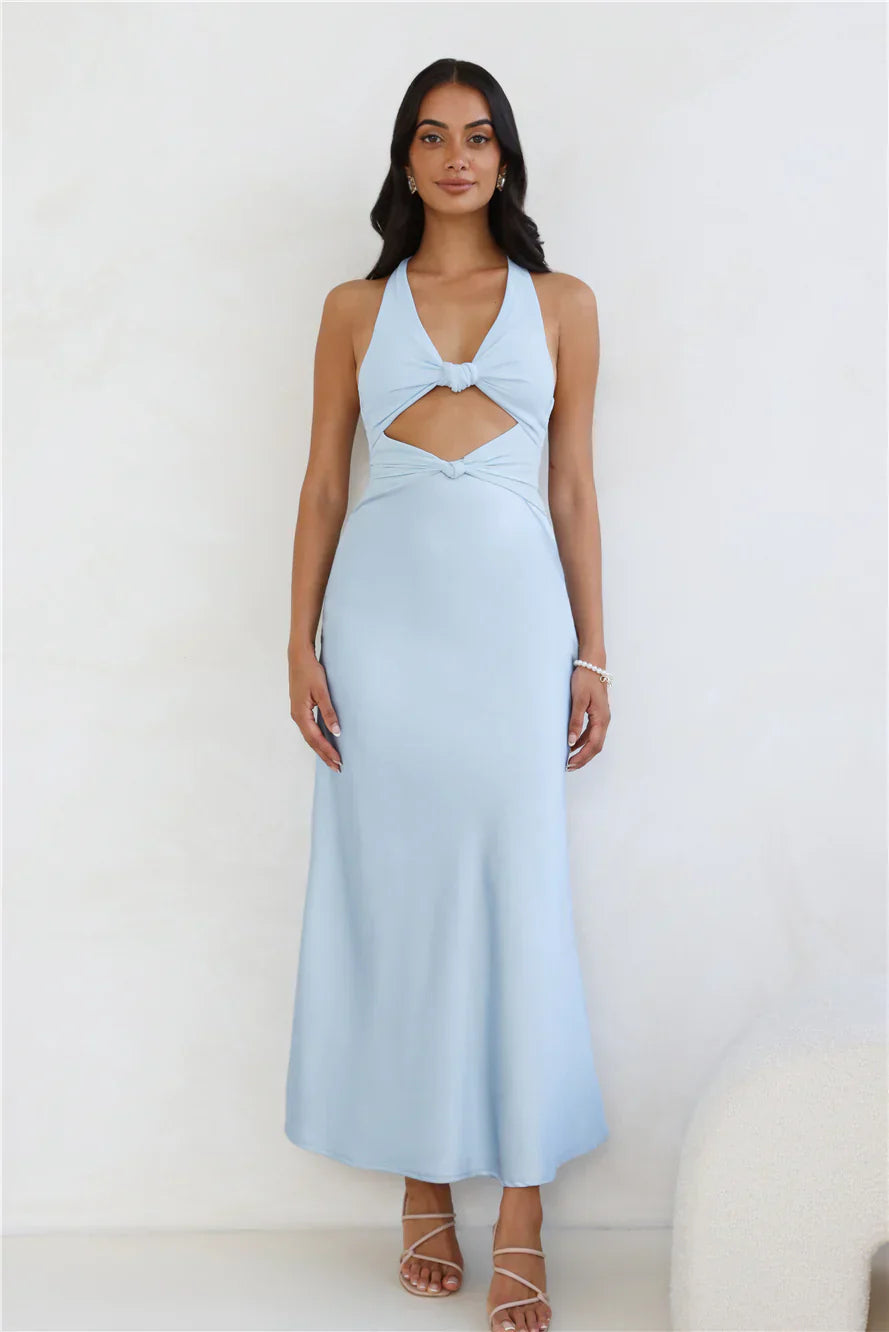 Dream Design Halter Satin Maxi Dress Blue