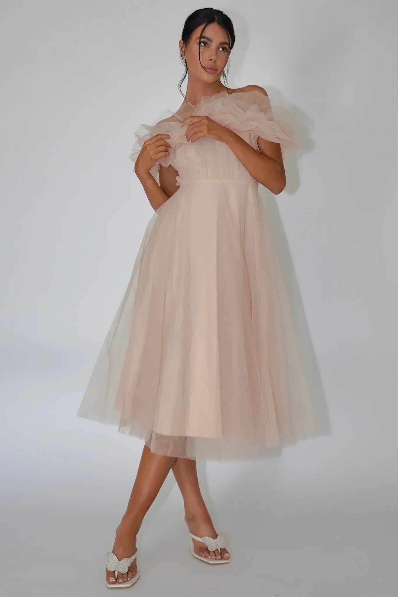 May Rose Off-Shoulder Tulle Midi Dress Taupe