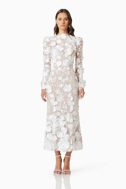Shannon 3D Floral Midi Dress In White