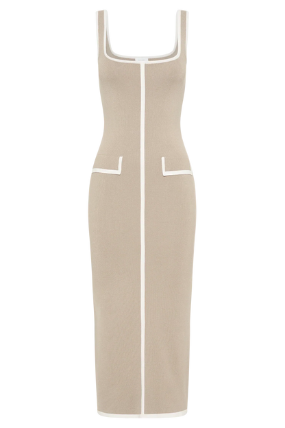 Eimear Contrast Knit Midi Dress - Taupe & Ivory
