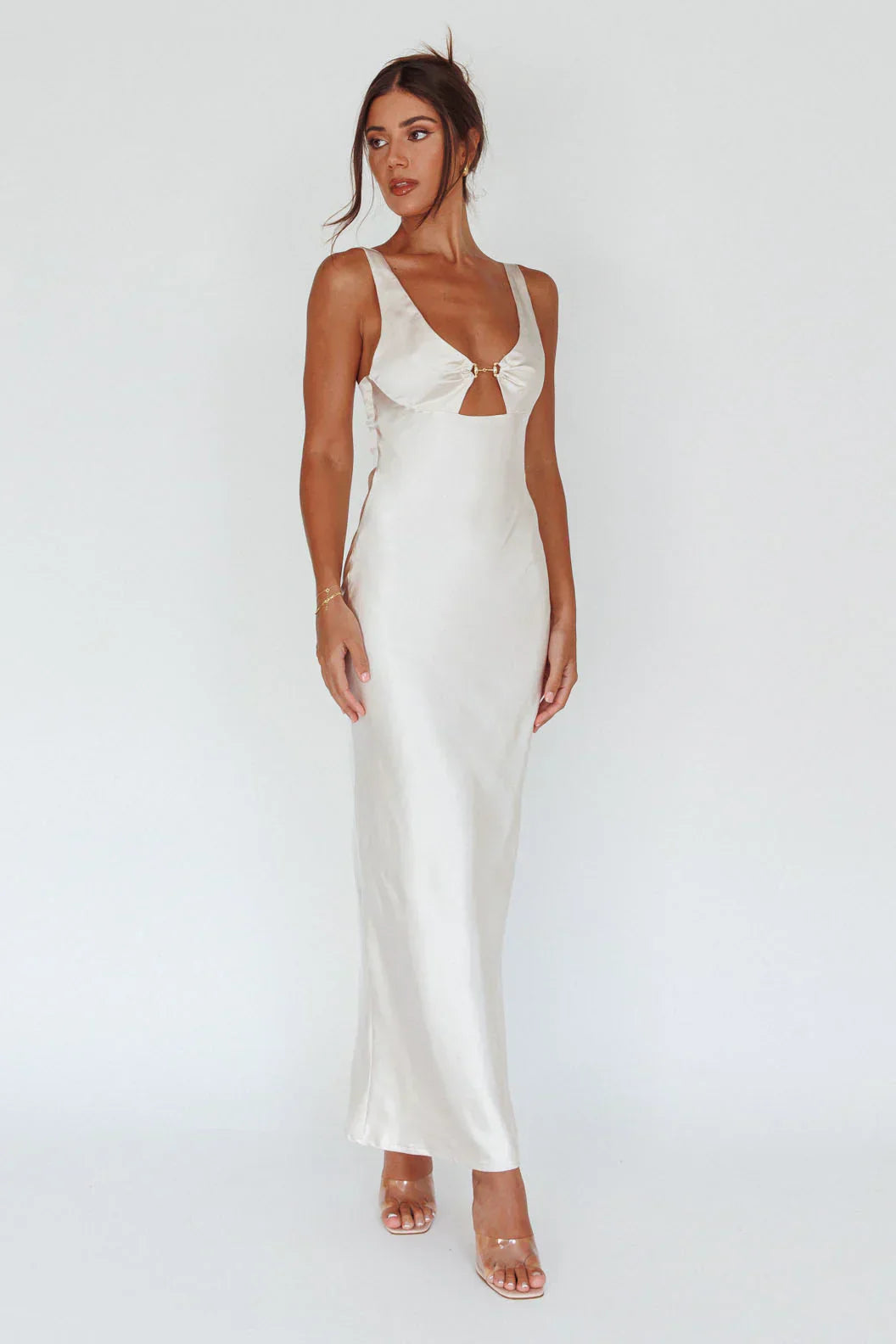 Blushing Beauty Horsebit Accent Maxi Dress Champagne