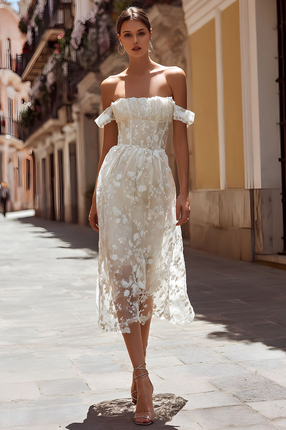 Ivory Floral Off the Shoulder Midi Wedding Dress
