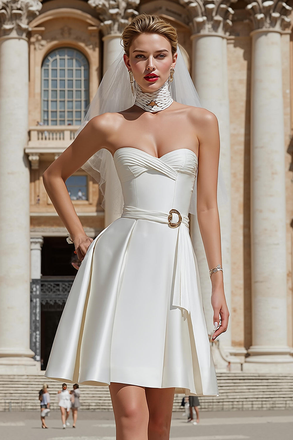White A Line Sweetheart Short Wedding Dress with Belt