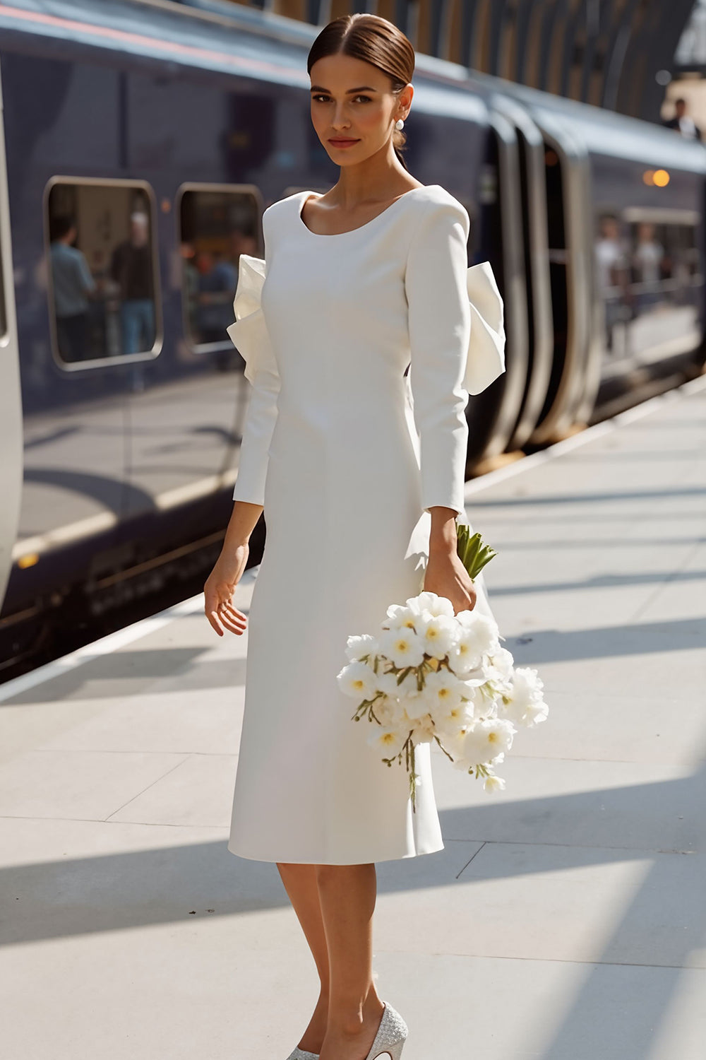 White Round Neck Bodycon Midi Engagement Dress with Bow