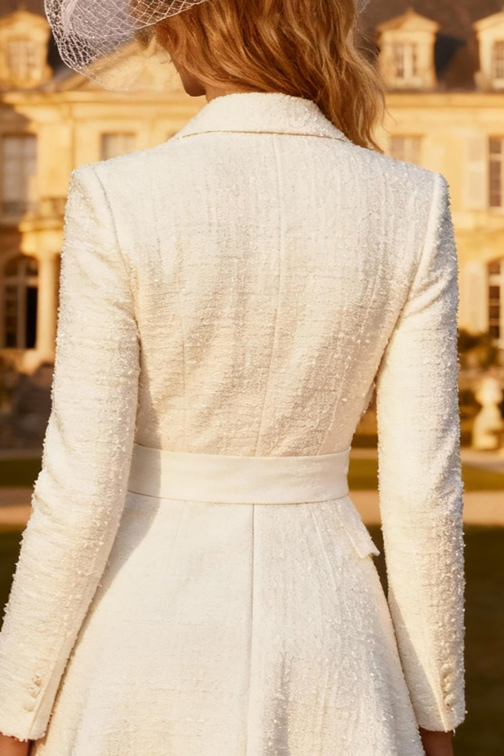 White Peak Lapel A Line Midi Blazer Wedding Dress with Sleeves