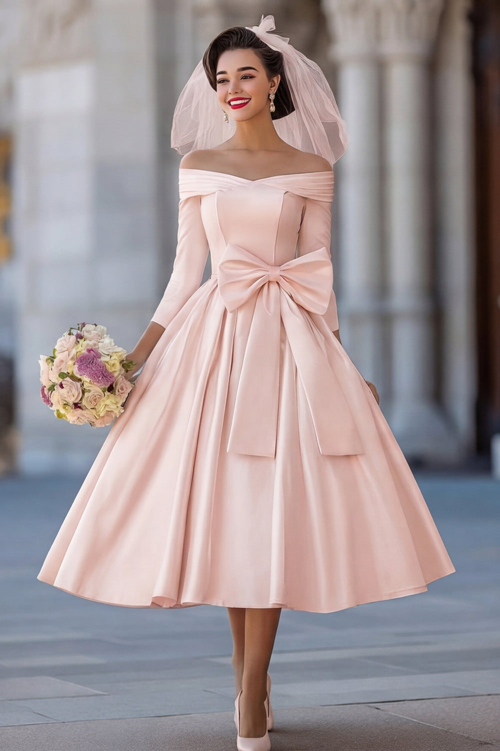 Ivory A Line Off the Shoulder Midi Wedding Dress with Bow