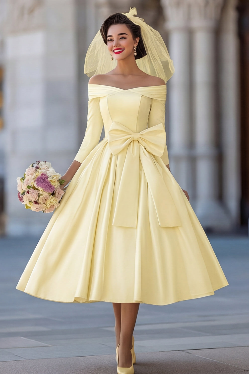 Ivory A Line Off the Shoulder Midi Wedding Dress with Bow