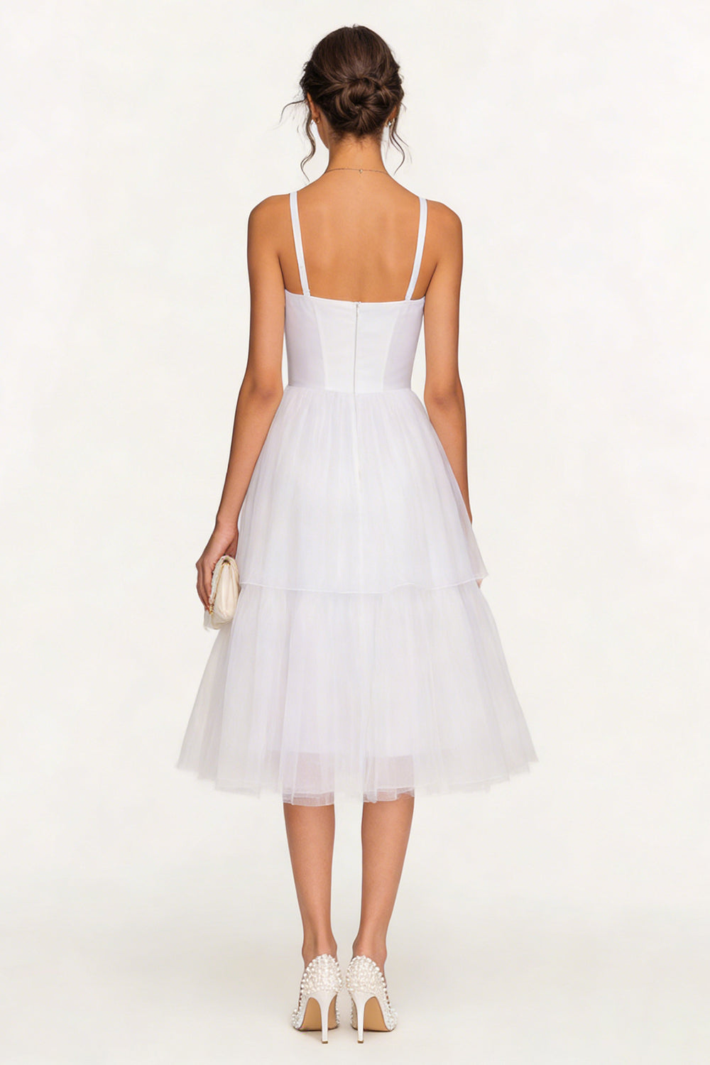 White Tulle Spaghetti Straps Tiered Midi Corset Bridal Shower Dress