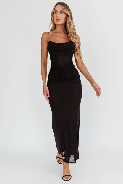 Morella Ruched Waist Mesh Maxi Dress Black