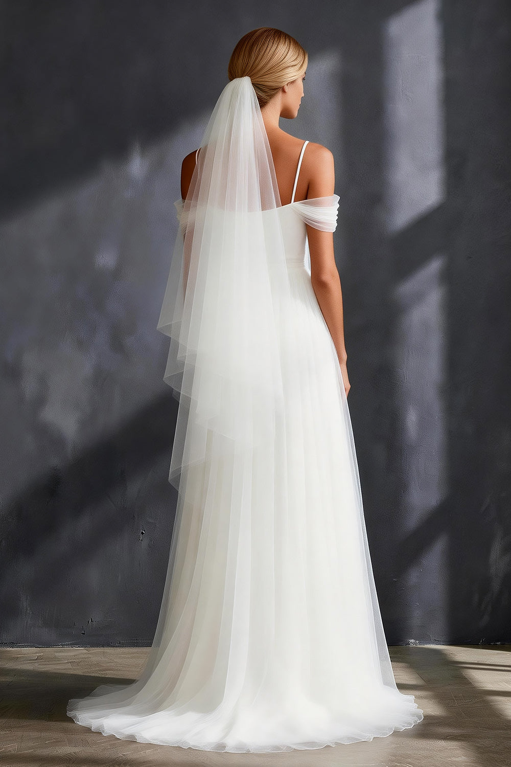 White Tulle Pleated Cold Shoulder A Line Sweep Train Wedding Dress