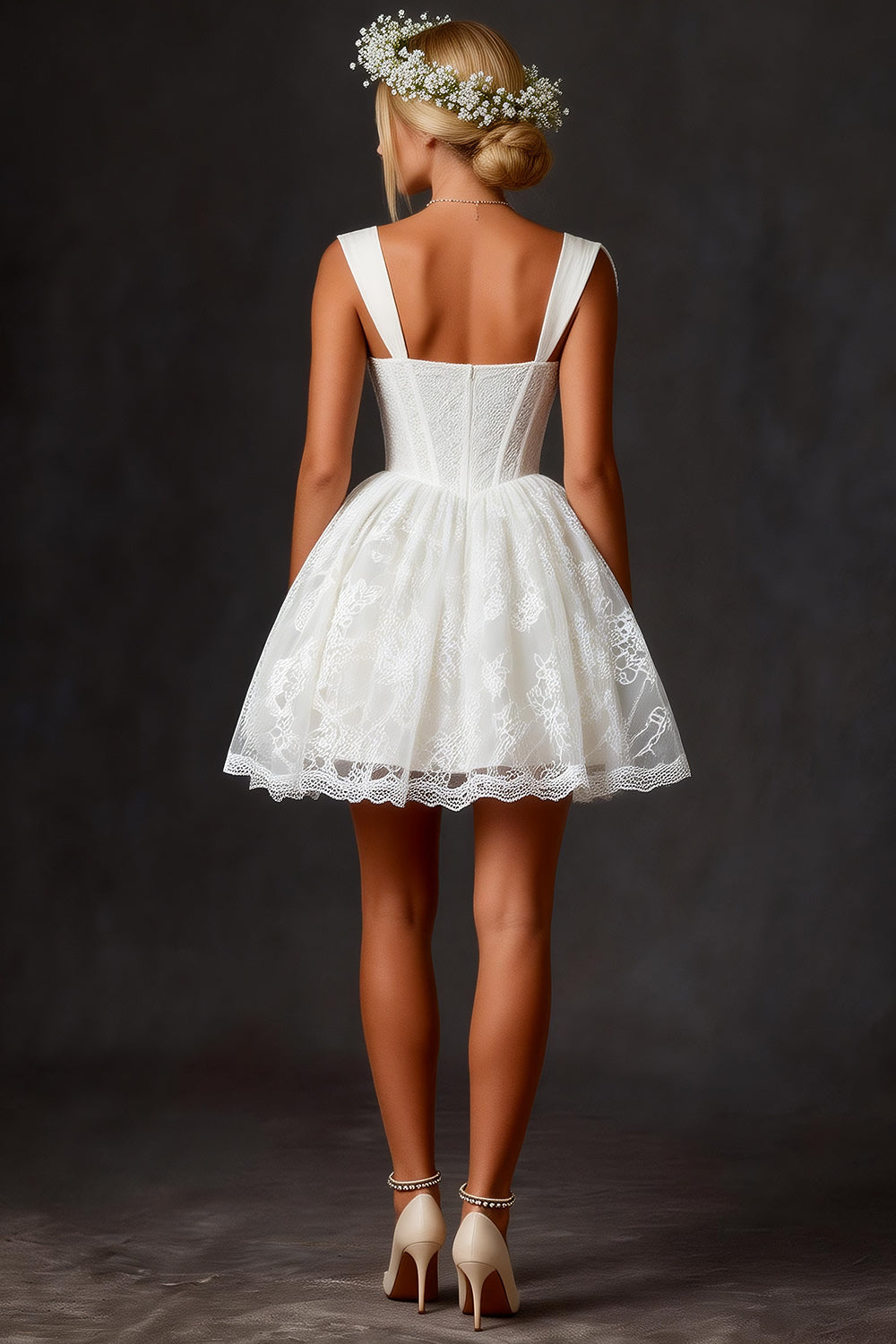 White Lace Corset A Line Thick Straps Short Wedding Dress