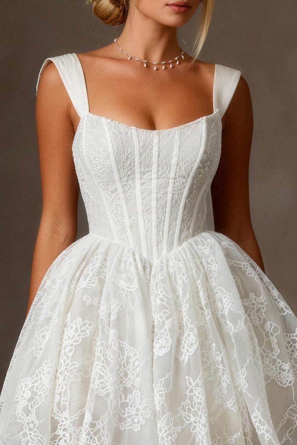 White Lace Corset A Line Thick Straps Short Wedding Dress