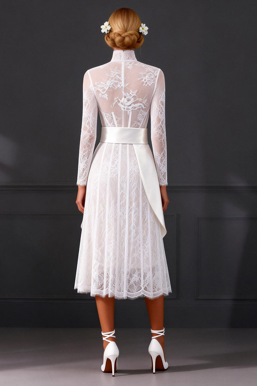 White Long Sleeves A Line High Neck Corset Boho Wedding Dress with Side Cape