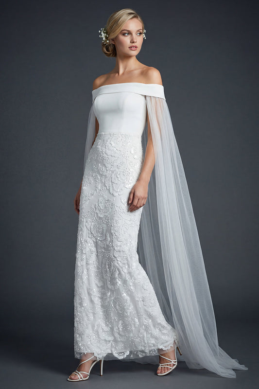 White Off the Shoulder Sparkly Beaded Maxi Mermaid Floral Boho Wedding Dress with Cape