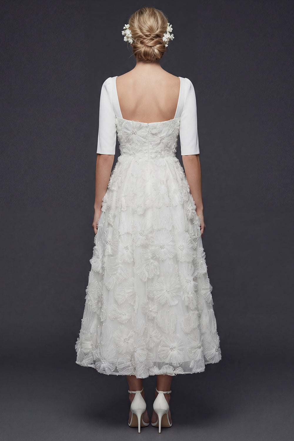 Sparkly White Beaded Maxi Floral A Line Half Sleeves Boho Wedding Dress
