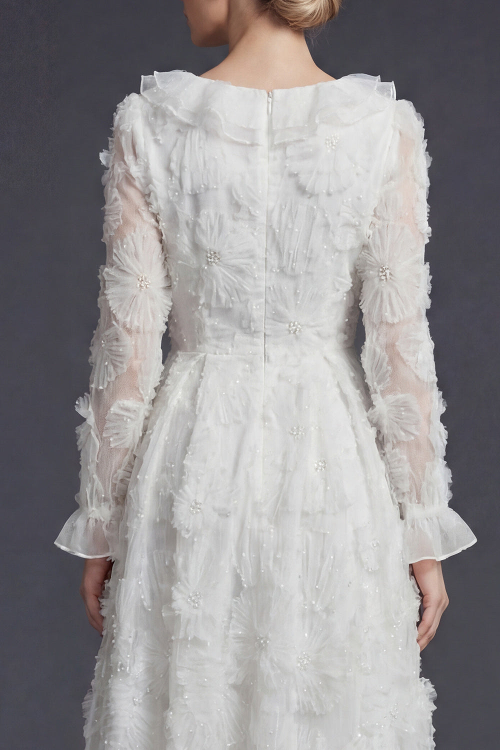 Sparkly White Ruffled Beaded Floral Maxi Appliqued Boho Wedding Dress