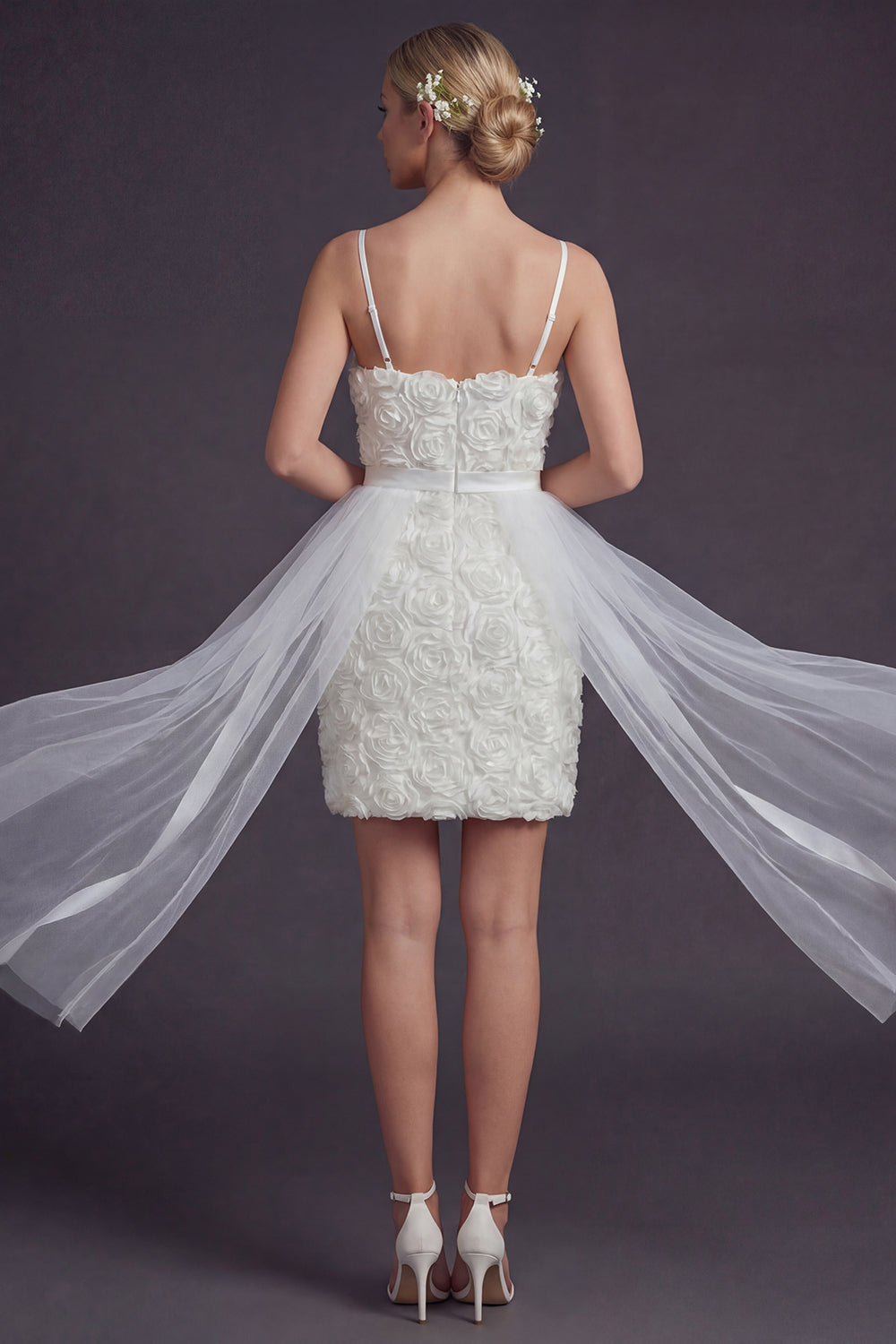 White Bodycon Short Floral Spaghetti Straps Boho Wedding Dress with Cape