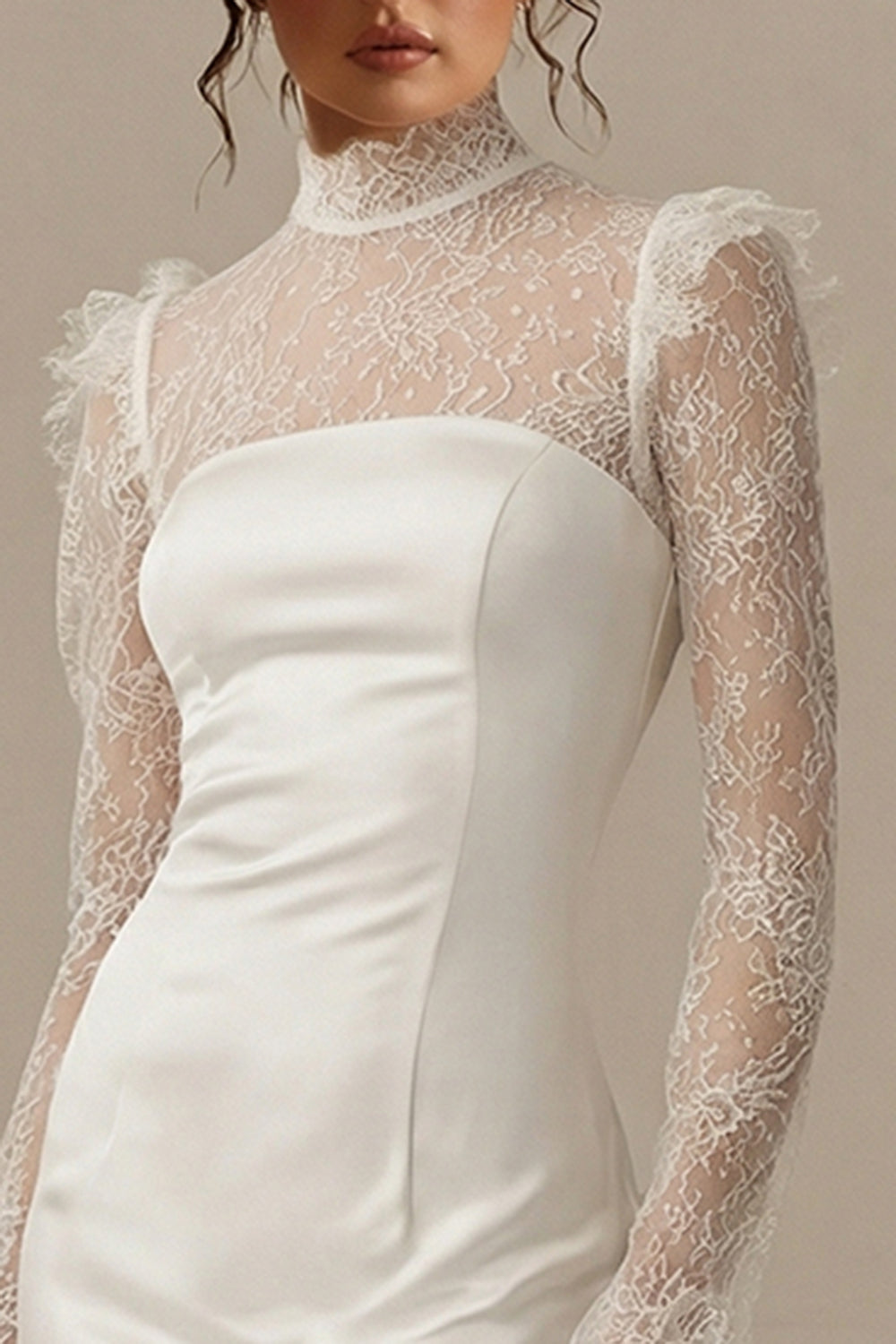 White Bodycon Short High Neck Ruffled Graduation Dress with Sleeves