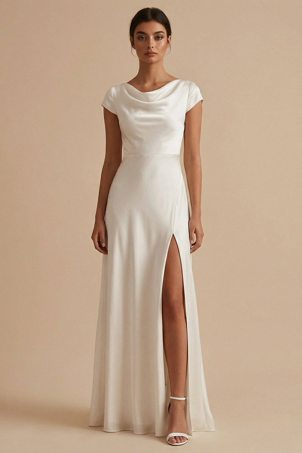 White Long Sheath Cowl Neck Engagement Dress with Slit