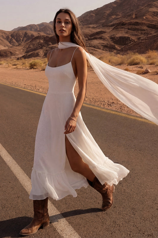 A Line Spaghetti Straps Ivory Maxi Beach Bridal Dress with Slit