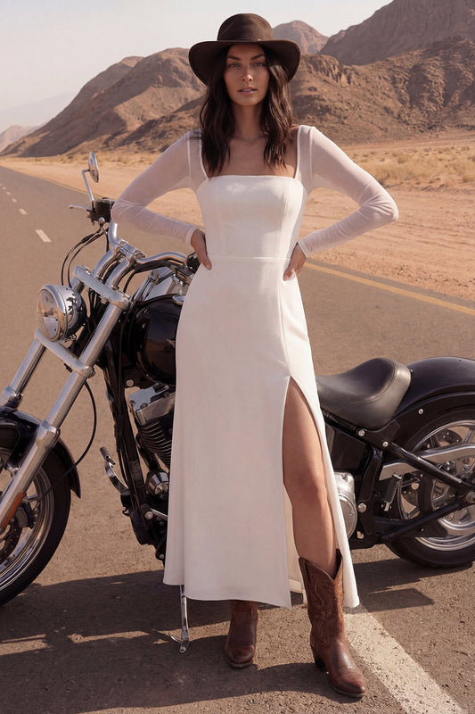 Maxi Sheath Square Neck Ivory Beach Wedding Dress with Slit
