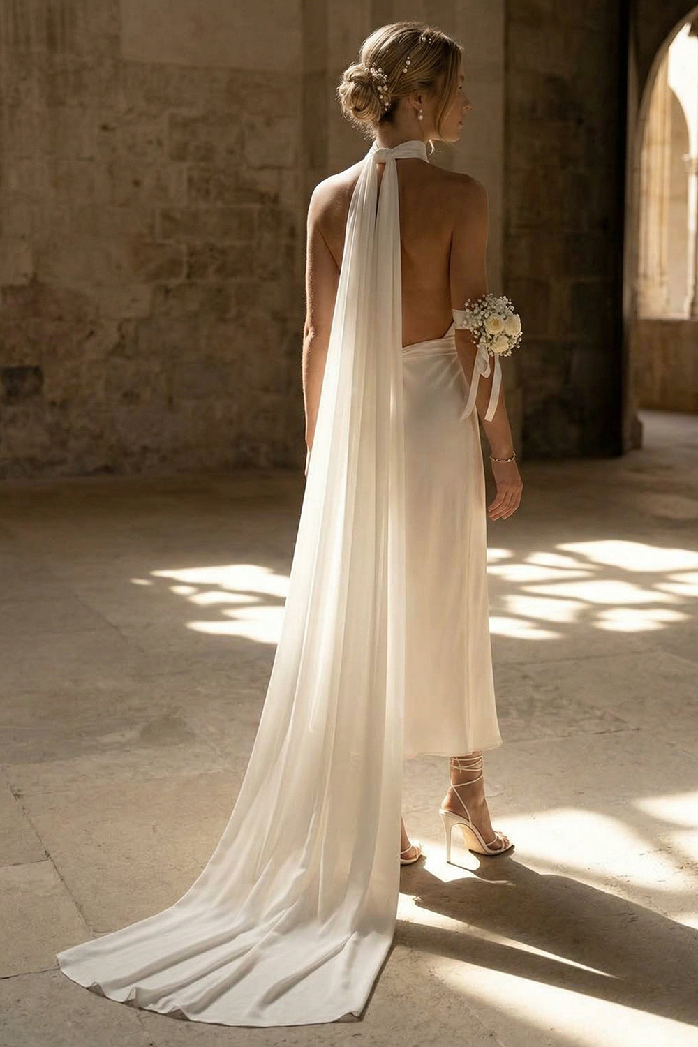 Sheath White Neck Scarf Maxi Beach Wedding Dress