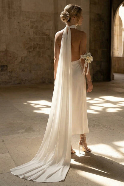 Sheath White Neck Scarf Maxi Beach Wedding Dress