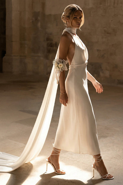 Sheath White Neck Scarf Maxi Beach Wedding Dress
