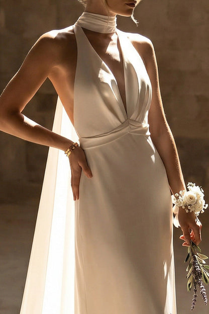 Sheath White Neck Scarf Maxi Beach Wedding Dress