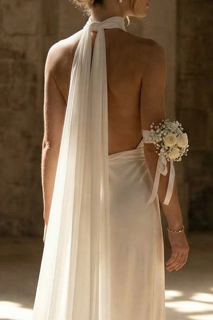 Sheath White Neck Scarf Maxi Beach Wedding Dress