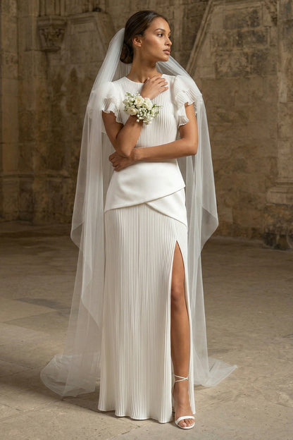 Sheath Maxi White Round Neck Pleated Beach Wedding Dress with Ruffles