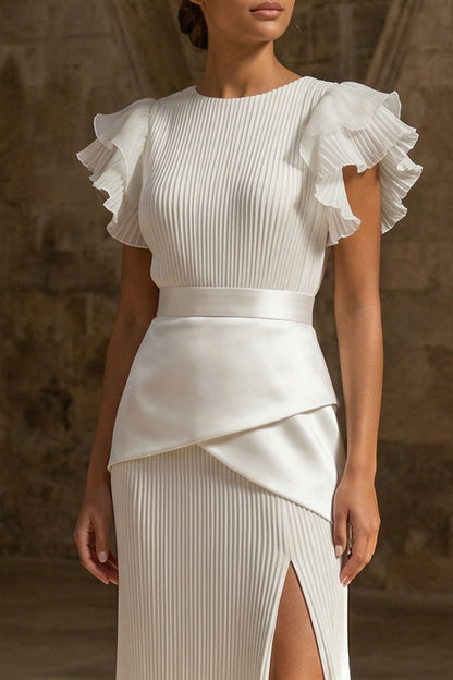 Sheath Maxi White Round Neck Pleated Beach Wedding Dress with Ruffles