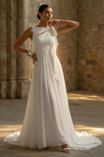 White A Line Sweep Train Beach Wedding Dress with Lace