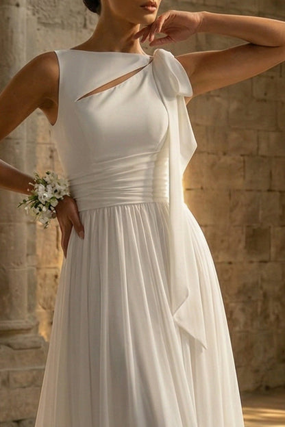 White A Line Sweep Train Beach Wedding Dress with Lace